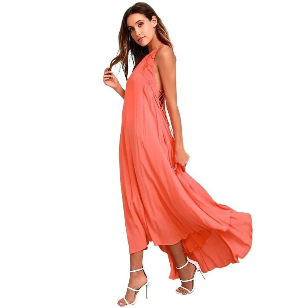 ASTR the Label Victoria Lace-Up Midi Dress Size Small Coral Pink Cutout New - Picture 4 of 9